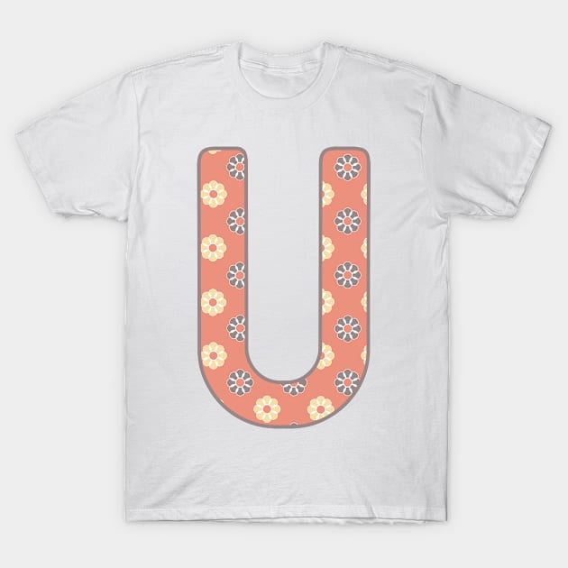 MONOGRAM LETTER U PINK FLORAL TYPOGRAPHY DESIGN T-Shirt by Rhubarb Myrtle